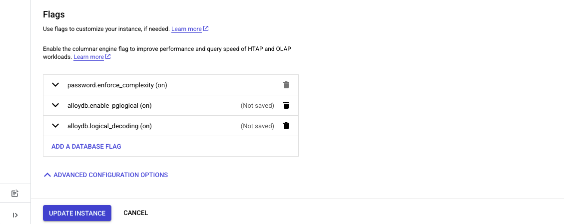 Установка флагов allowdb.enable_pglogical и alloydb.logical_decoding в значение on