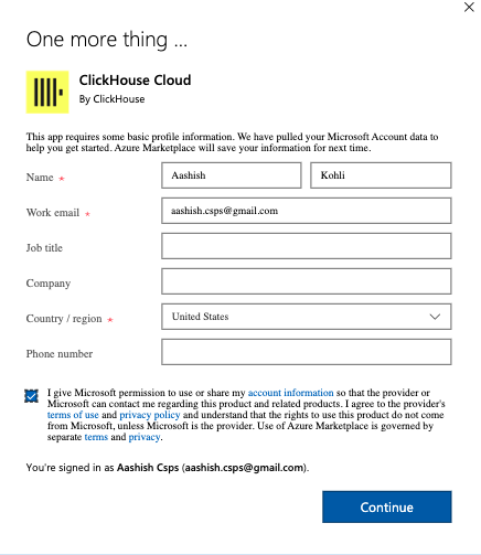 Форма регистрации ClickHouse Cloud