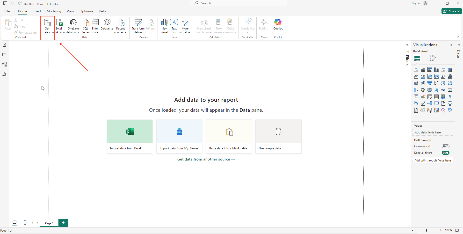 Стартовый экран Power BI Desktop с кнопкой Get Data
