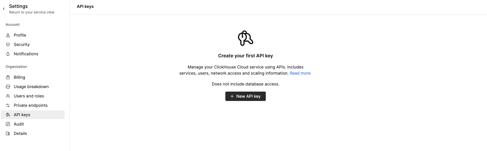 Консоль ClickHouse Cloud с отображаемым разделом API Keys в левом навигационном меню